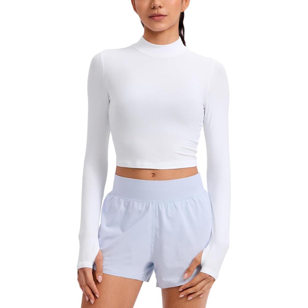 imageCRZ YOGA Cloudweight Crop Mock Neck Shirts for Women  Workout Athletic Gym Long Sleeve Tops Soft TShirt with Thumb HoleWhite