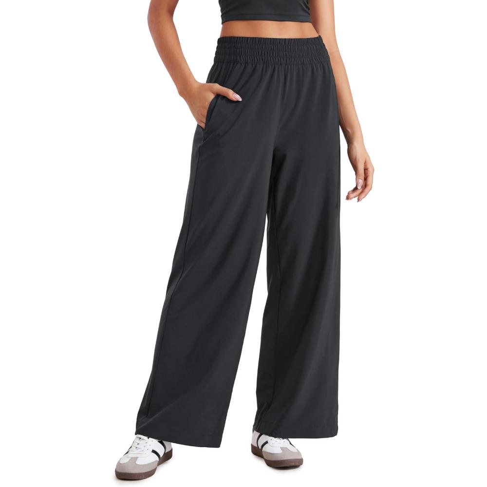 imageCRZ YOGA Lightweight Wide Leg Pants for Women 30quot High Waisted Casual Lounge Travel Work Sweatpants Loose Fit SummerBlack