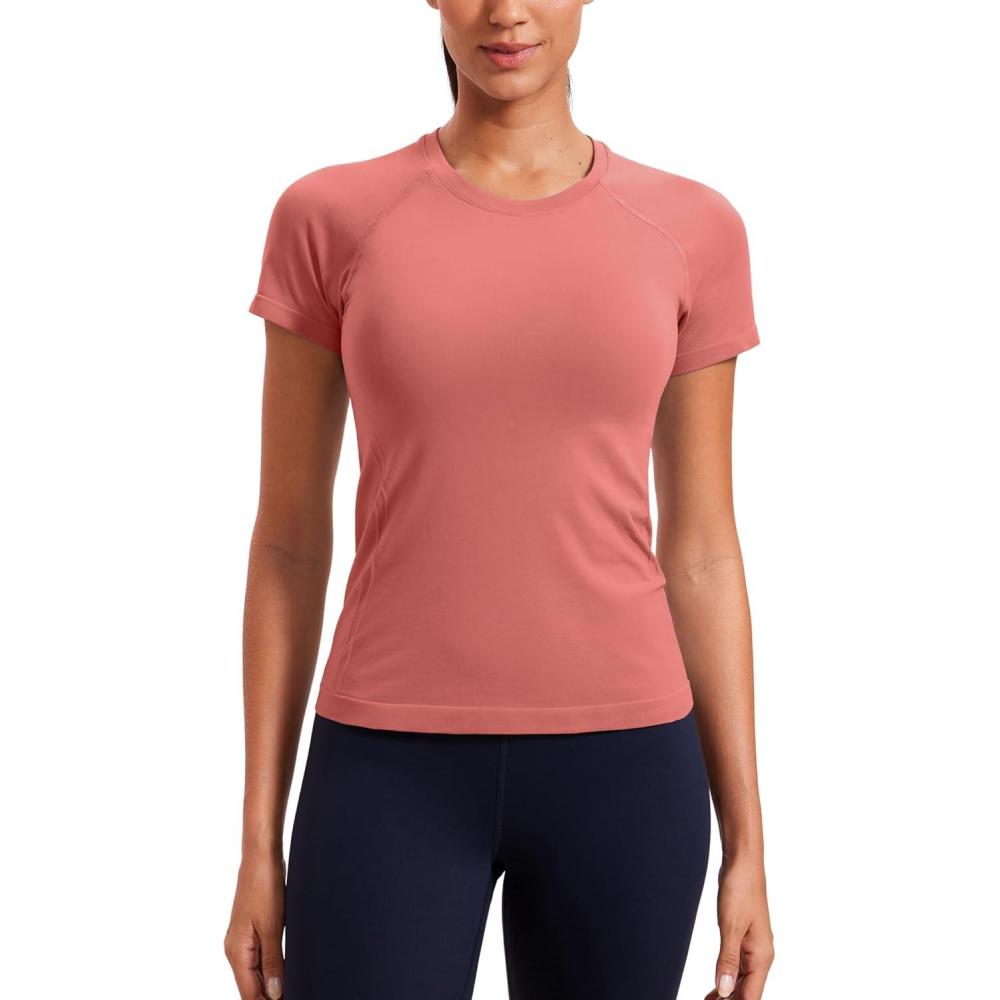 imageCRZ YOGA Seamless Workout Tops for Women Hip Length Athletic Running Gym Yoga Short Sleeve Shirts Breathable Crewneck TeesBriar Rose