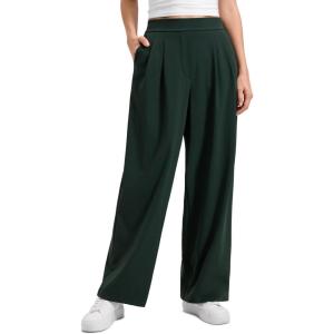 CRZ YOGA 4-Way Stretch Wide Leg Work Pants for Women 29″ – Bussiness Casual Dress Trousers with Pockets(Legend Green)