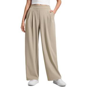 CRZ YOGA 4-Way Stretch Wide Leg Work Pants for Women 29″ – Bussiness Casual Dress Trousers with Pockets(Oak)