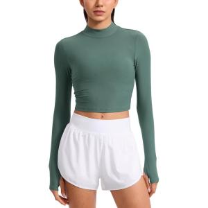 CRZ YOGA Cloudweight Crop Mock Neck Shirts for Women – Workout Athletic Gym Long Sleeve Tops Soft T-Shirt with Thumb Hole(Graphite Green)