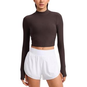 CRZ YOGA Cloudweight Crop Mock Neck Shirts for Women – Workout Athletic Gym Long Sleeve Tops Soft T-Shirt with Thumb Hole(Hot Fudge Brown)