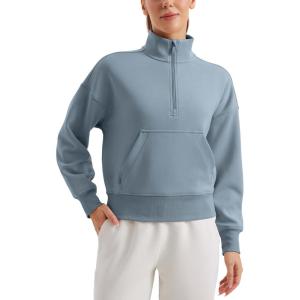 CRZ YOGA SoftAura Half Zip Sweatshirt for Women – Pullover Workout Casual Funnel Neck Sweat Shirts with Pocket(Belgian Blue)