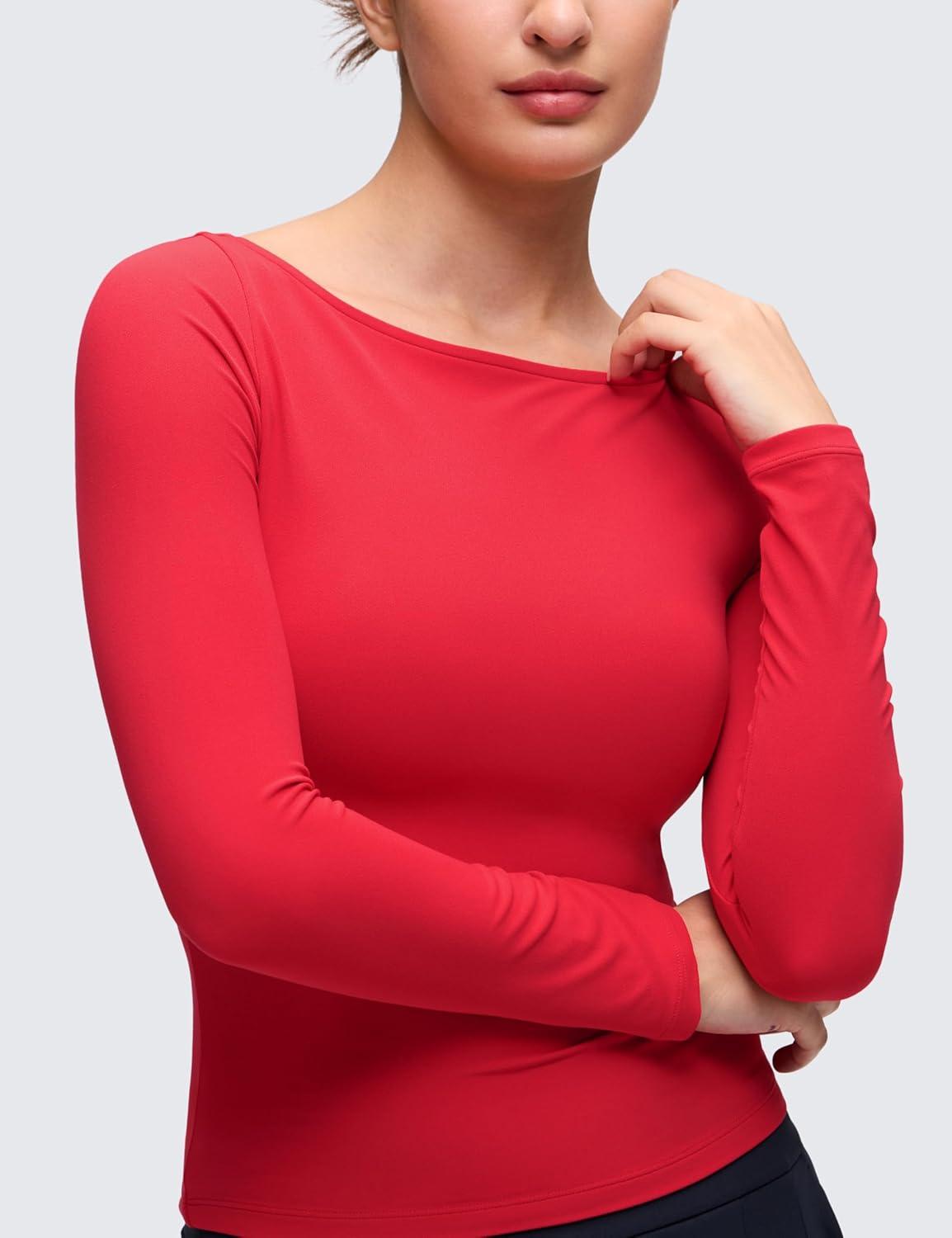imageCRZ YOGA Softembrace Boat Neck Long Sleeve Shirts for Women Casual Going Out Tops Soft Stretchy Fitted Fall TShirtsAurora Red