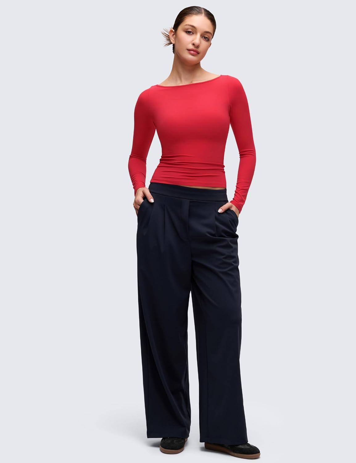 imageCRZ YOGA Softembrace Boat Neck Long Sleeve Shirts for Women Casual Going Out Tops Soft Stretchy Fitted Fall TShirtsAurora Red