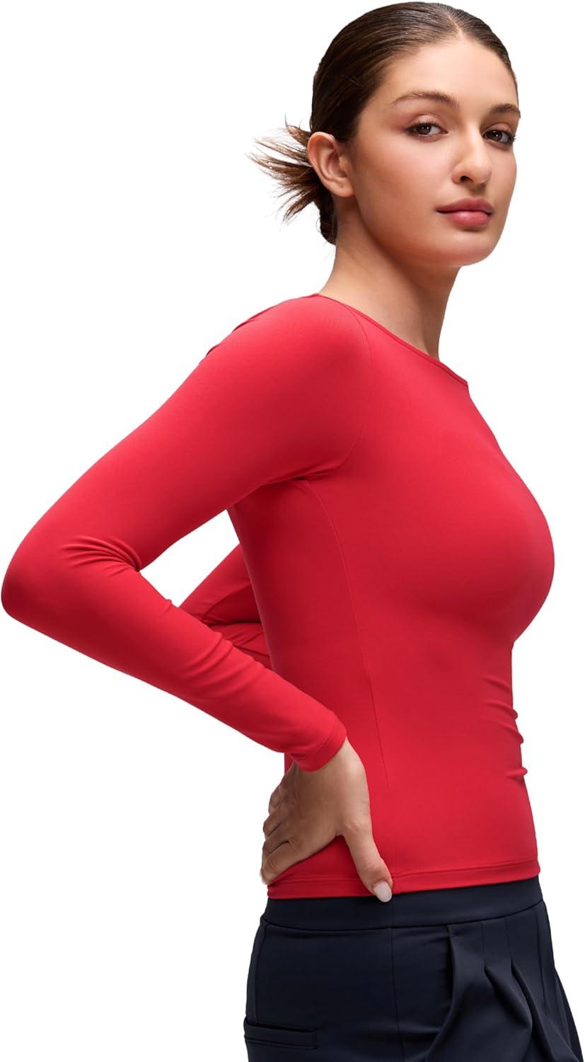 imageCRZ YOGA Softembrace Boat Neck Long Sleeve Shirts for Women Casual Going Out Tops Soft Stretchy Fitted Fall TShirtsAurora Red