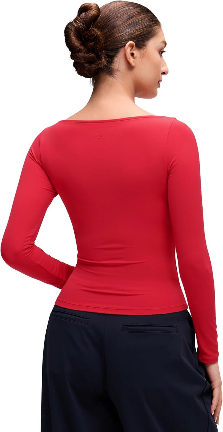 imageCRZ YOGA Softembrace Boat Neck Long Sleeve Shirts for Women Casual Going Out Tops Soft Stretchy Fitted Fall TShirtsAurora Red