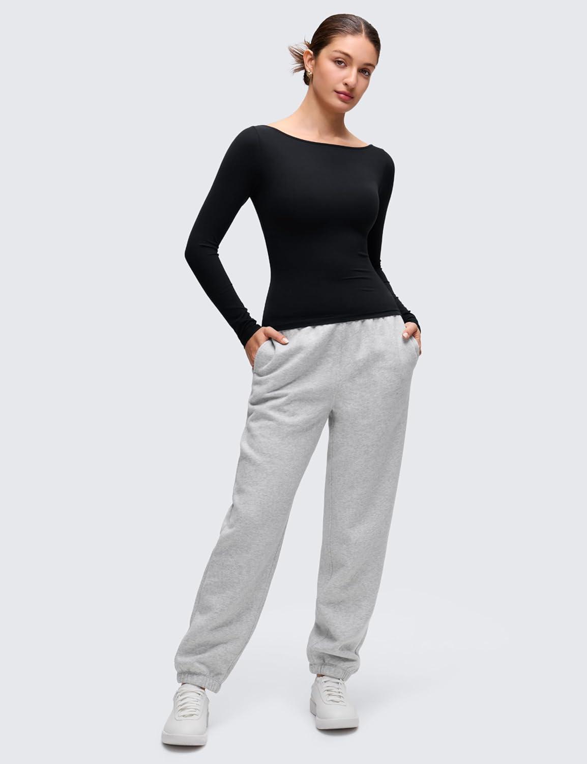 imageCRZ YOGA Softembrace Boat Neck Long Sleeve Shirts for Women Casual Going Out Tops Soft Stretchy Fitted Fall TShirtsBlack