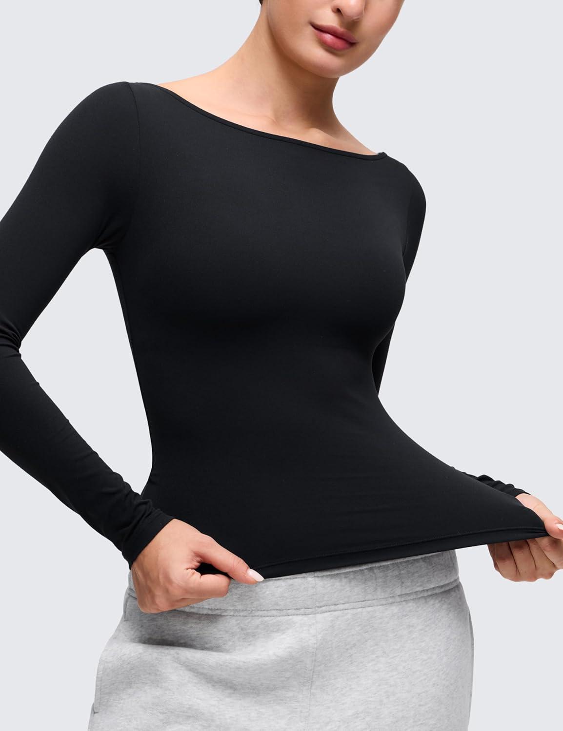 imageCRZ YOGA Softembrace Boat Neck Long Sleeve Shirts for Women Casual Going Out Tops Soft Stretchy Fitted Fall TShirtsBlack