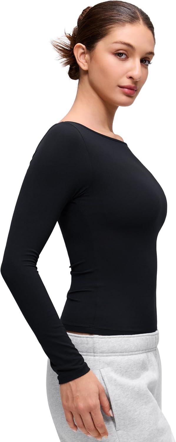 imageCRZ YOGA Softembrace Boat Neck Long Sleeve Shirts for Women Casual Going Out Tops Soft Stretchy Fitted Fall TShirtsBlack