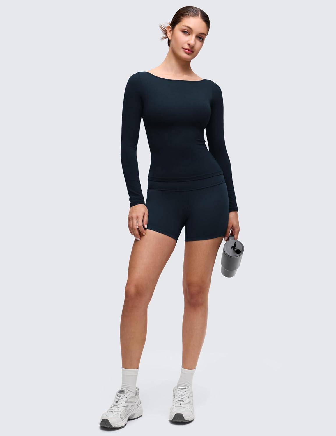 imageCRZ YOGA Softembrace Boat Neck Long Sleeve Shirts for Women Casual Going Out Tops Soft Stretchy Fitted Fall TShirtsTrue Navy