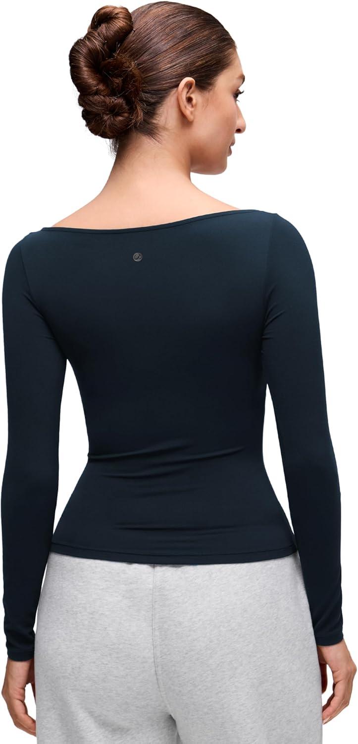 imageCRZ YOGA Softembrace Boat Neck Long Sleeve Shirts for Women Casual Going Out Tops Soft Stretchy Fitted Fall TShirtsTrue Navy