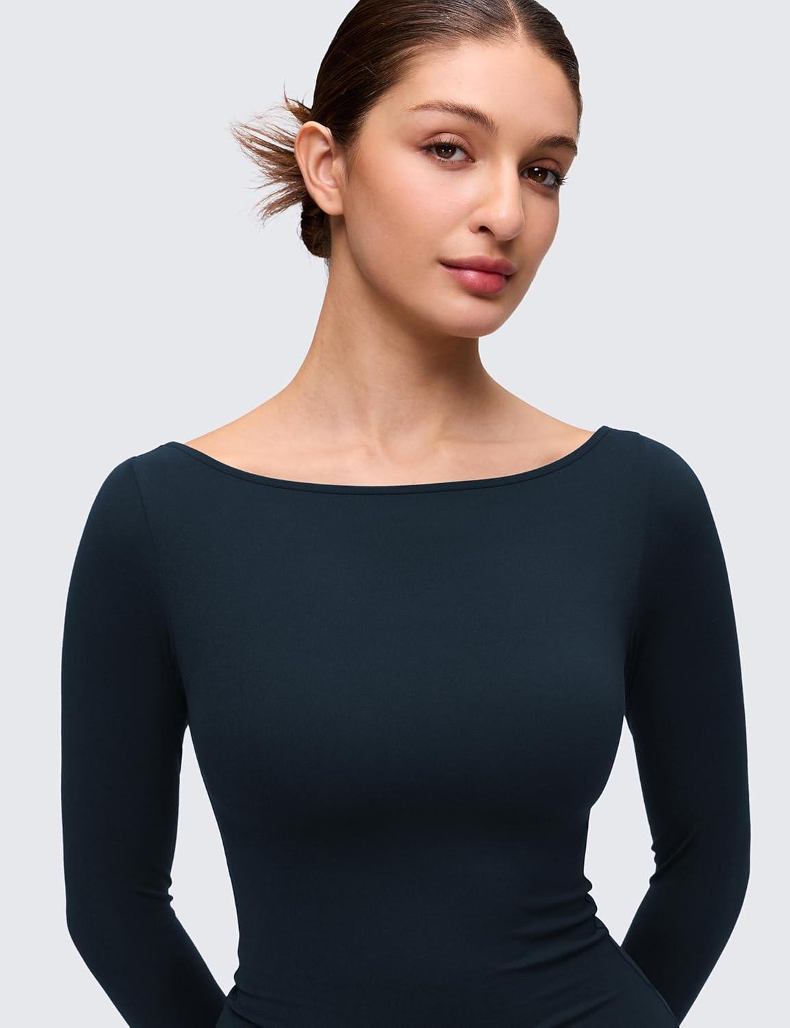 imageCRZ YOGA Softembrace Boat Neck Long Sleeve Shirts for Women Casual Going Out Tops Soft Stretchy Fitted Fall TShirtsTrue Navy