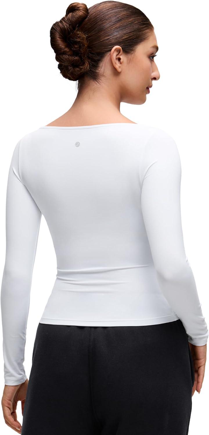 imageCRZ YOGA Softembrace Boat Neck Long Sleeve Shirts for Women Casual Going Out Tops Soft Stretchy Fitted Fall TShirtsWhite