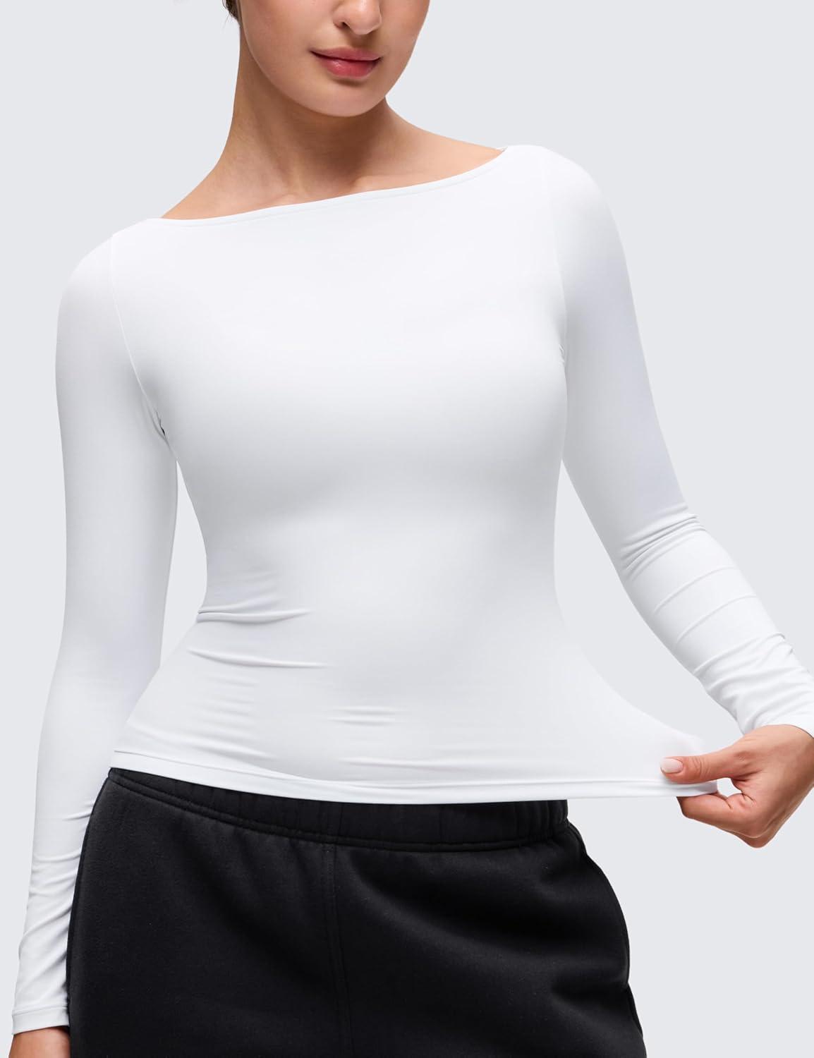 imageCRZ YOGA Softembrace Boat Neck Long Sleeve Shirts for Women Casual Going Out Tops Soft Stretchy Fitted Fall TShirtsWhite