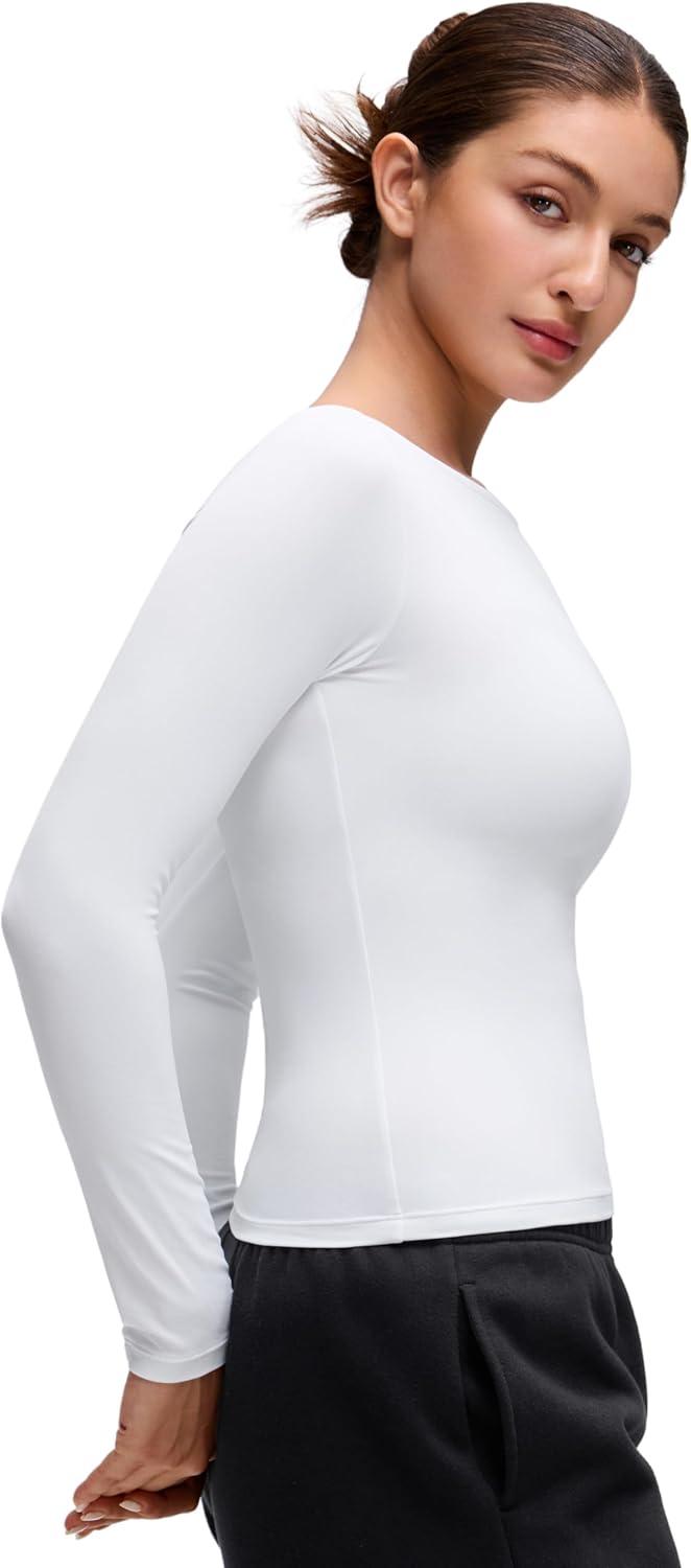 imageCRZ YOGA Softembrace Boat Neck Long Sleeve Shirts for Women Casual Going Out Tops Soft Stretchy Fitted Fall TShirtsWhite