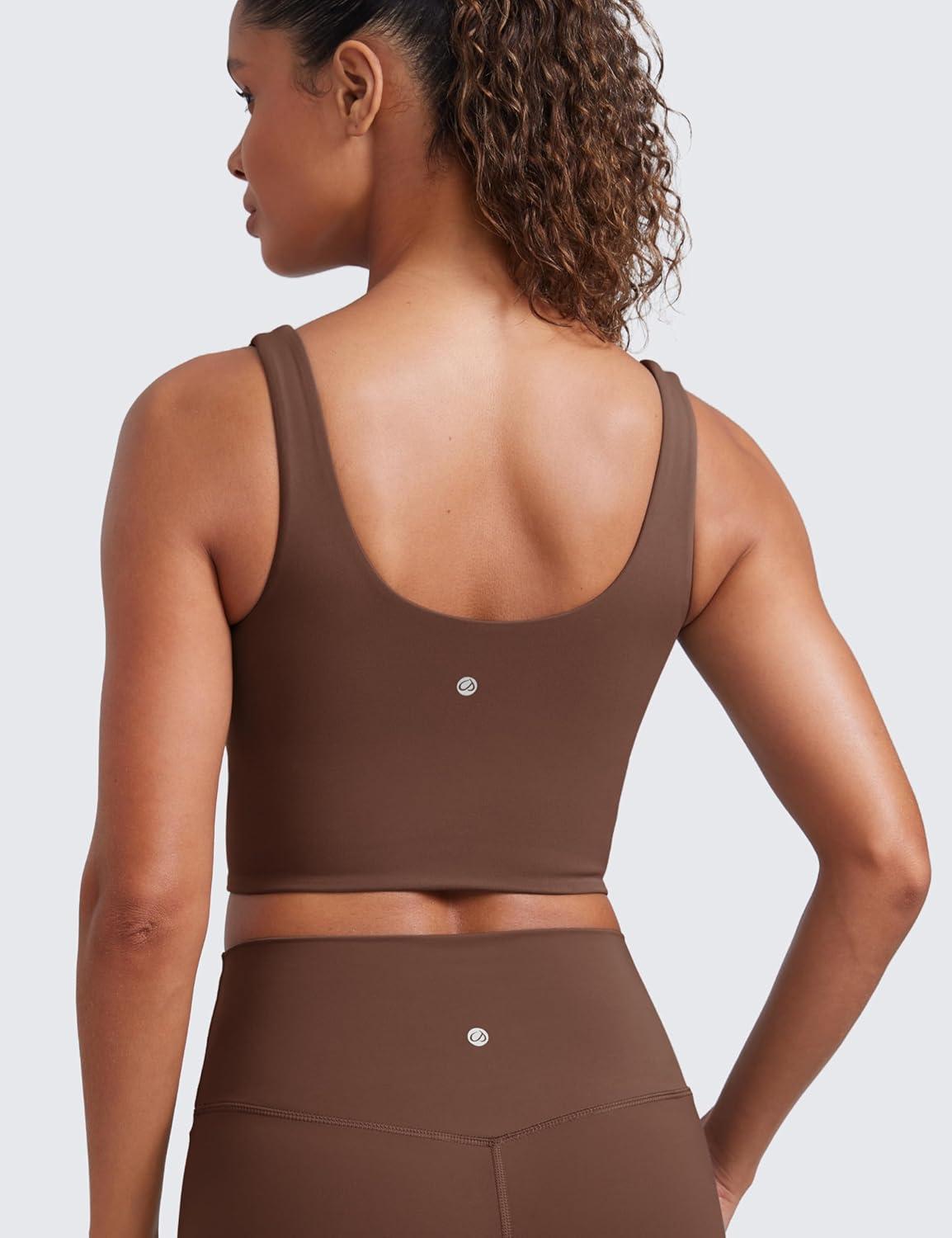 imageCRZ YOGA Softness Mold Butterluxe Longline Sports Bras for Women Molded Cup V Neck Yoga Clothes Workout Crop Tank TopCoffee Brown