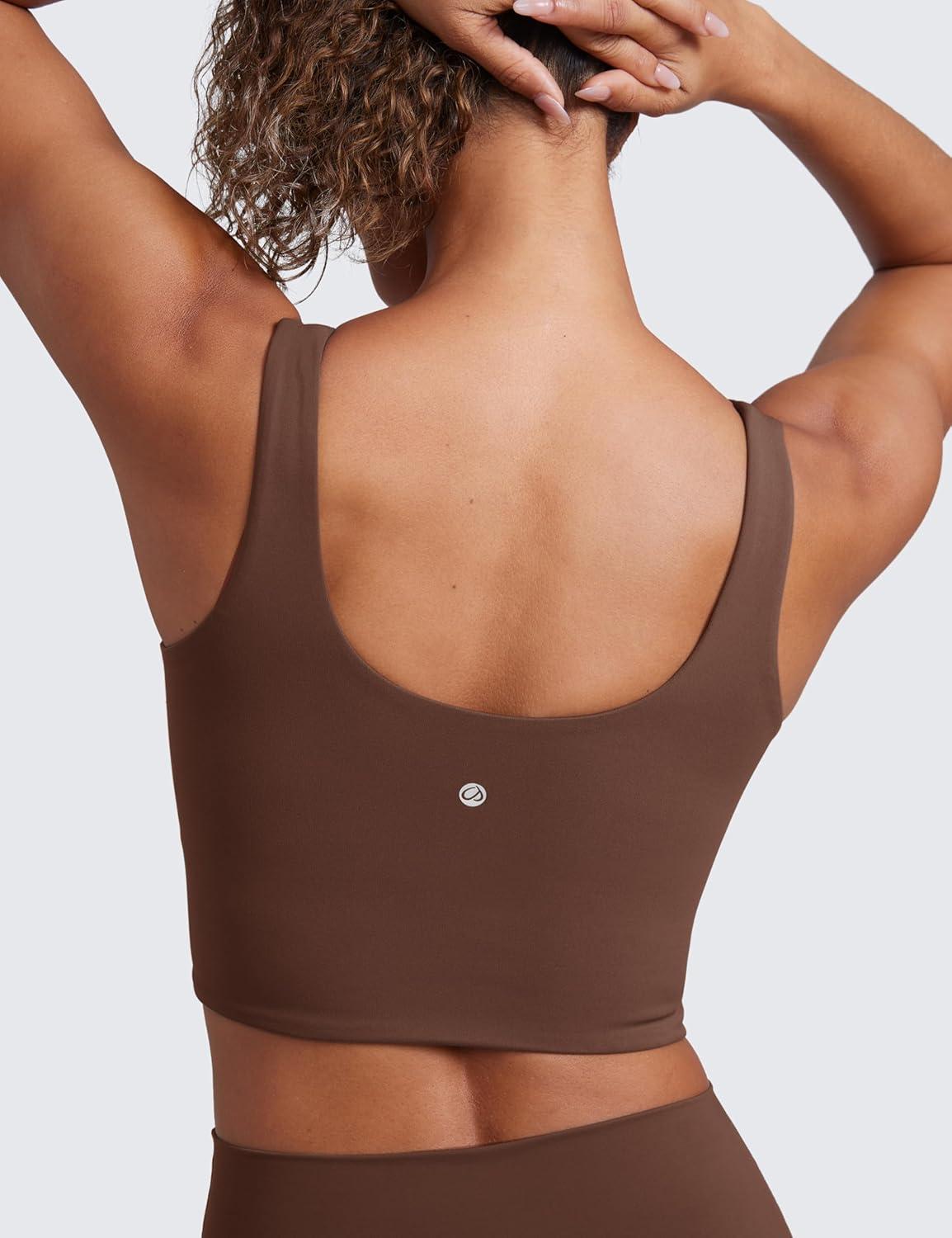 imageCRZ YOGA Softness Mold Butterluxe Longline Sports Bras for Women Molded Cup V Neck Yoga Clothes Workout Crop Tank TopCoffee Brown
