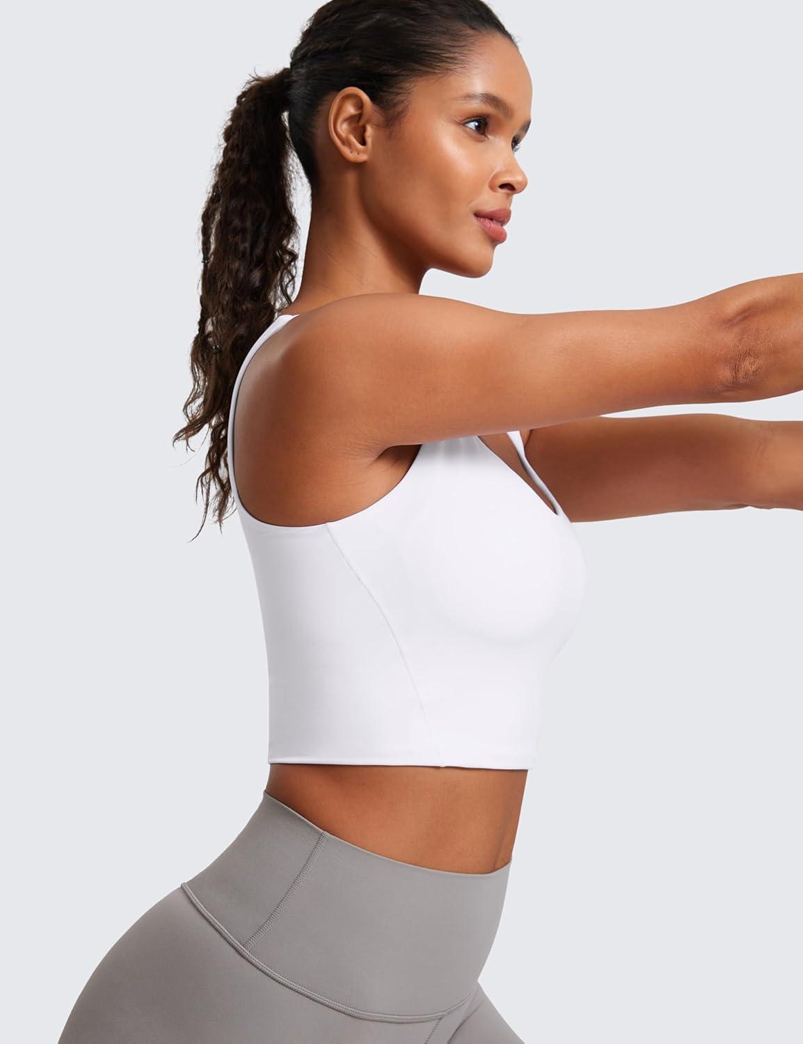 imageCRZ YOGA Softness Mold Butterluxe Longline Sports Bras for Women Molded Cup V Neck Yoga Clothes Workout Crop Tank TopWhite