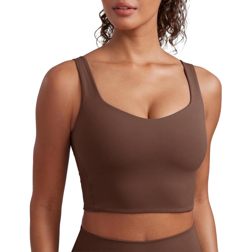 imageCRZ YOGA Softness Mold Butterluxe Longline Sports Bras for Women Molded Cup V Neck Yoga Clothes Workout Crop Tank TopCoffee Brown
