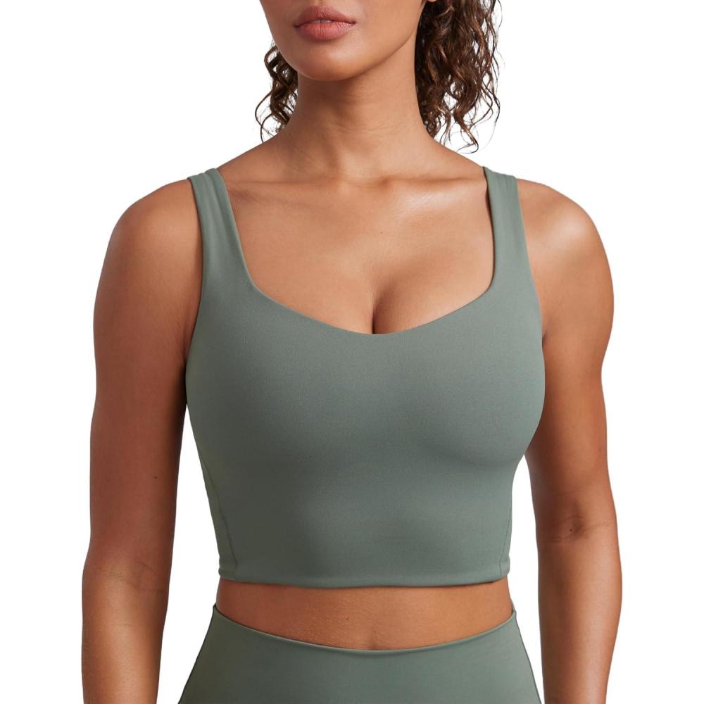 imageCRZ YOGA Softness Mold Butterluxe Longline Sports Bras for Women Molded Cup V Neck Yoga Clothes Workout Crop Tank TopGrey Sage