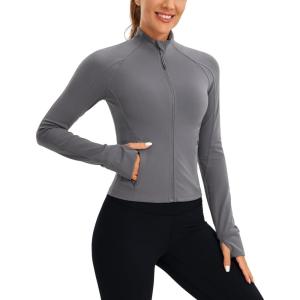CRZ YOGA Butterluxe Waist Length Jackets for Women – Full Zip Athletic Track Tops with Thumb Holes Pockets(Dark Carbon)