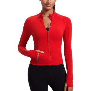 CRZ YOGA Butterluxe Waist Length Jackets for Women – Full Zip Athletic Track Tops with Thumb Holes Pockets(Red Chili)