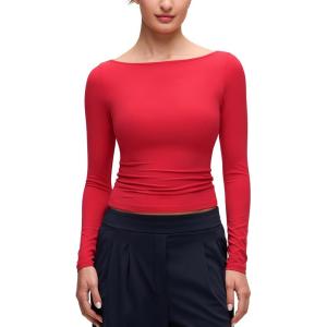 CRZ YOGA Softembrace Boat Neck Long Sleeve Shirts for Women – Casual Going Out Tops Soft Stretchy Fitted Fall T-Shirts(Aurora Red)