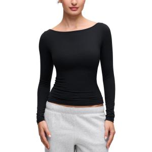 CRZ YOGA Softembrace Boat Neck Long Sleeve Shirts for Women – Casual Going Out Tops Soft Stretchy Fitted Fall T-Shirts(Black)