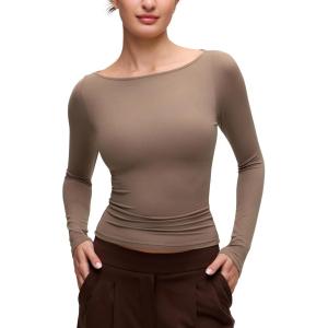 CRZ YOGA Softembrace Boat Neck Long Sleeve Shirts for Women – Casual Going Out Tops Soft Stretchy Fitted Fall T-Shirts(Brown Purple)
