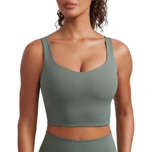 CRZ YOGA Softness Mold Butterluxe Longline Sports Bras for Women – Molded Cup V Neck Yoga Clothes Workout Crop Tank Top(Grey Sage)