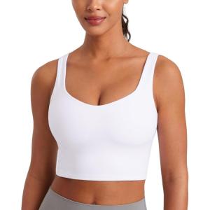 CRZ YOGA Softness Mold Butterluxe Longline Sports Bras for Women – Molded Cup V Neck Yoga Clothes Workout Crop Tank Top(White)