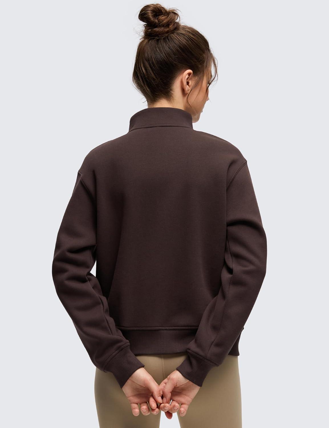 imageCRZ YOGA Cotton Fleece Lined Half Zip Sweatshirt for Women Pullover Funnel Neck Workout Casual Sweat Shirts with PocketHot Fudge Brown