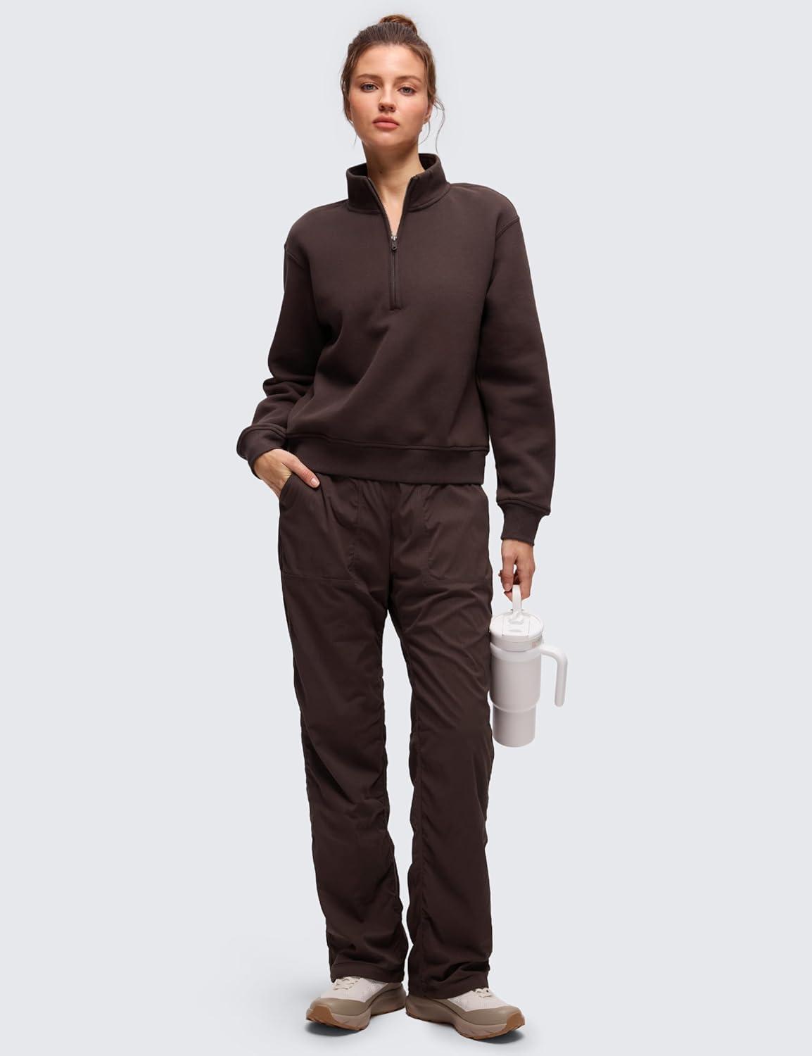 imageCRZ YOGA Cotton Fleece Lined Half Zip Sweatshirt for Women Pullover Funnel Neck Workout Casual Sweat Shirts with PocketHot Fudge Brown