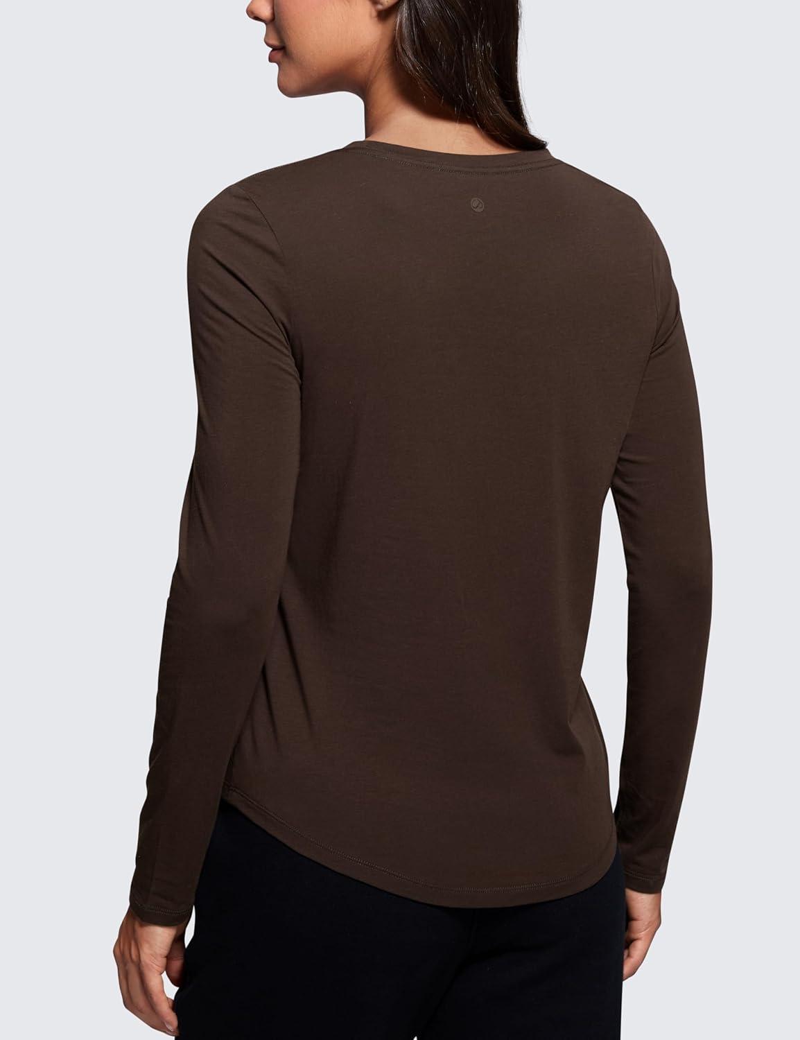 imageCRZ YOGA Pima Cotton Crewneck Long Sleeve Shirts for Women Workout Athletic Yoga Casual Tops Soft Plain TShirtHot Fudge Brown