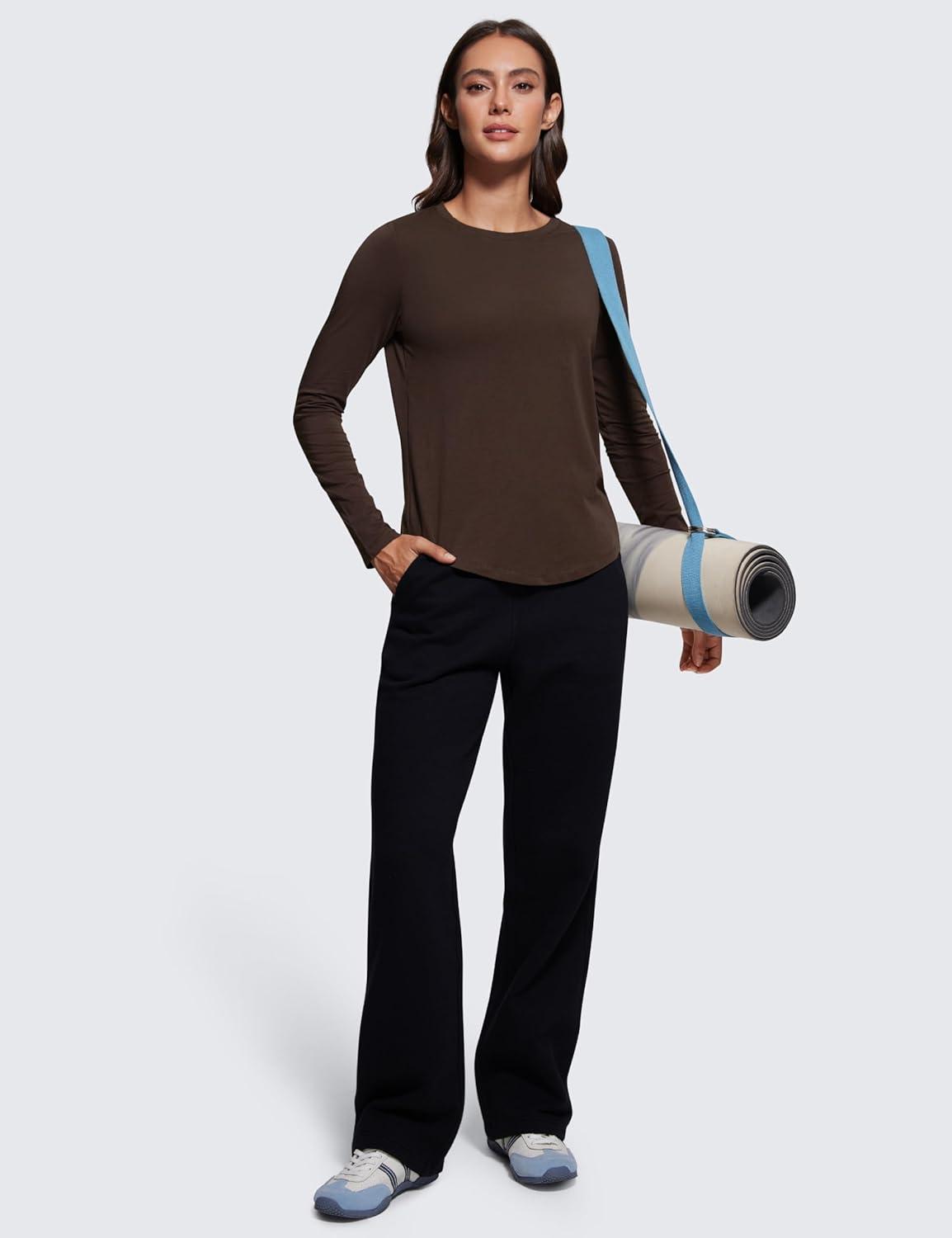 imageCRZ YOGA Pima Cotton Crewneck Long Sleeve Shirts for Women Workout Athletic Yoga Casual Tops Soft Plain TShirtHot Fudge Brown