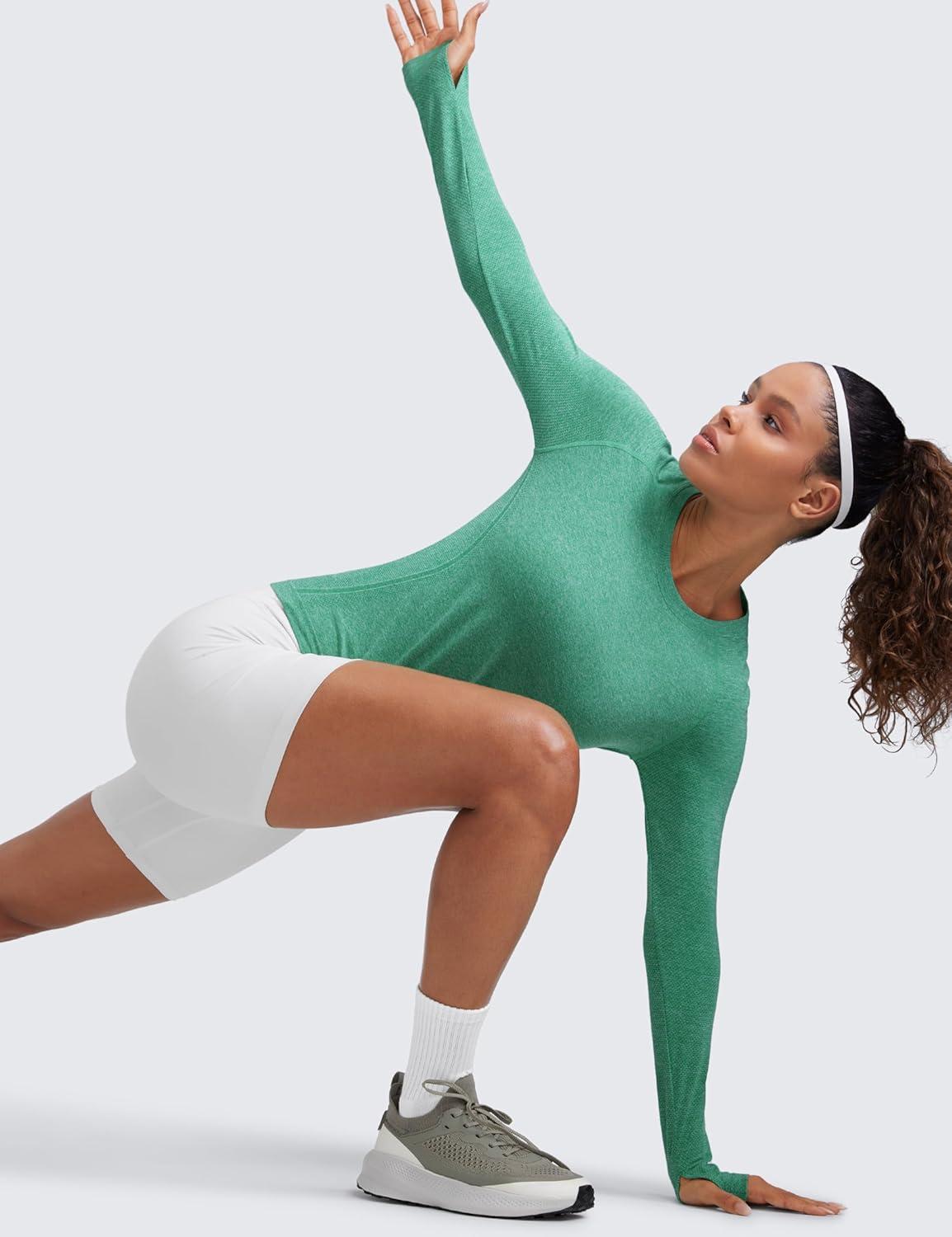 imageCRZ YOGA Seamless Long Sleeve Shirts for Women Waist Length Workout Athletic Running Gym Yoga Tops Crewneck BreathableCascadia Green Heather