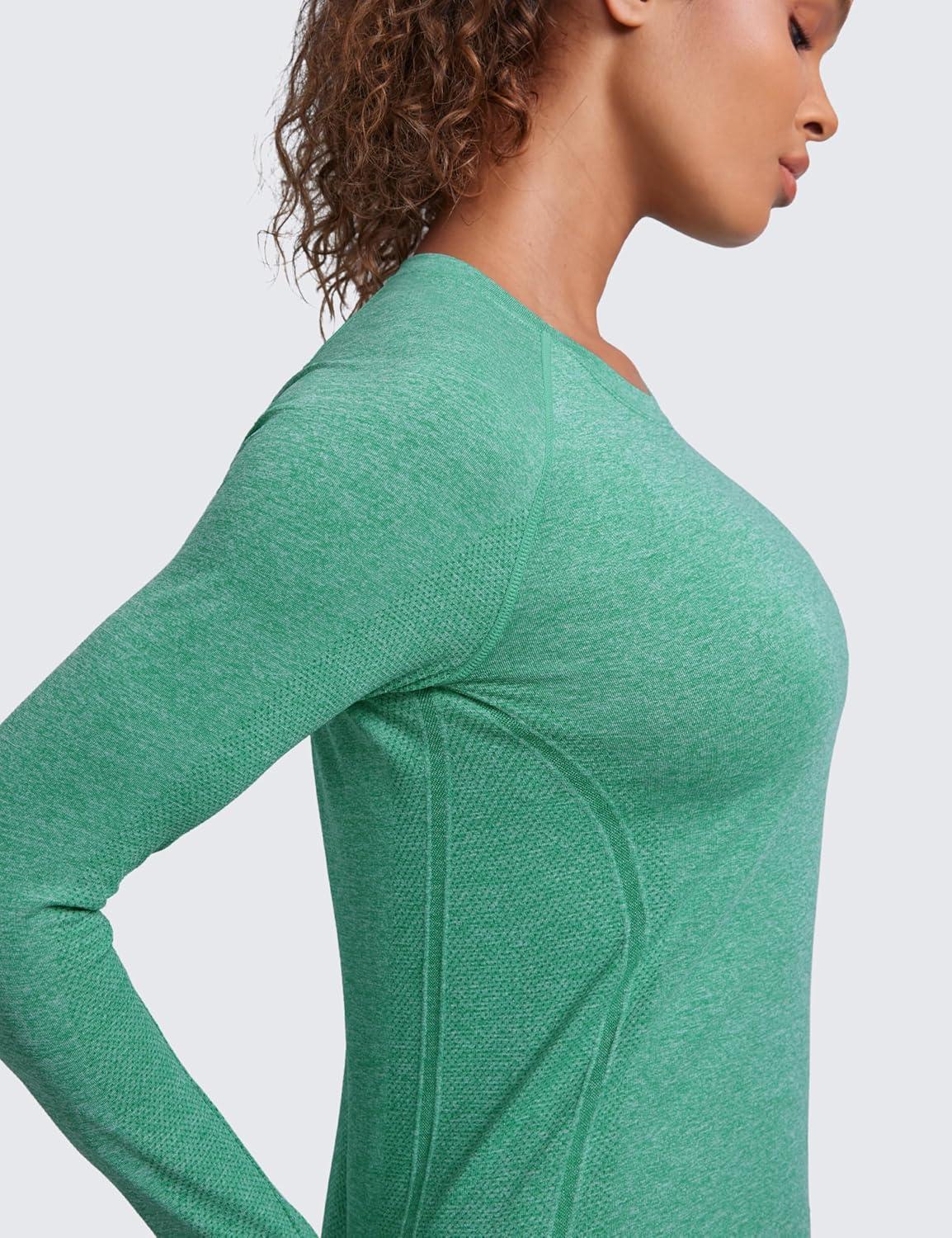 imageCRZ YOGA Seamless Long Sleeve Shirts for Women Waist Length Workout Athletic Running Gym Yoga Tops Crewneck BreathableCascadia Green Heather