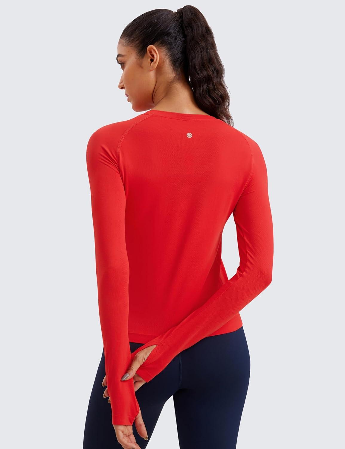 imageCRZ YOGA Seamless Long Sleeve Shirts for Women Waist Length Workout Athletic Running Gym Yoga Tops Crewneck BreathableDeep Red