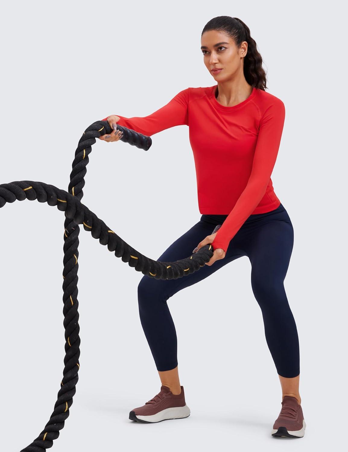 imageCRZ YOGA Seamless Long Sleeve Shirts for Women Waist Length Workout Athletic Running Gym Yoga Tops Crewneck BreathableDeep Red