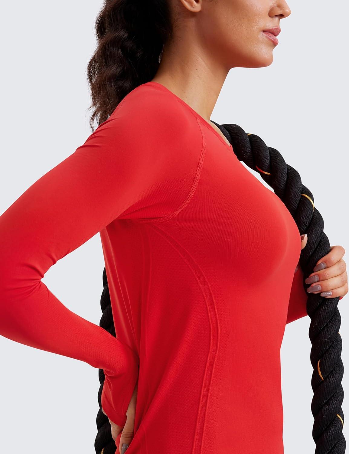 imageCRZ YOGA Seamless Long Sleeve Shirts for Women Waist Length Workout Athletic Running Gym Yoga Tops Crewneck BreathableDeep Red
