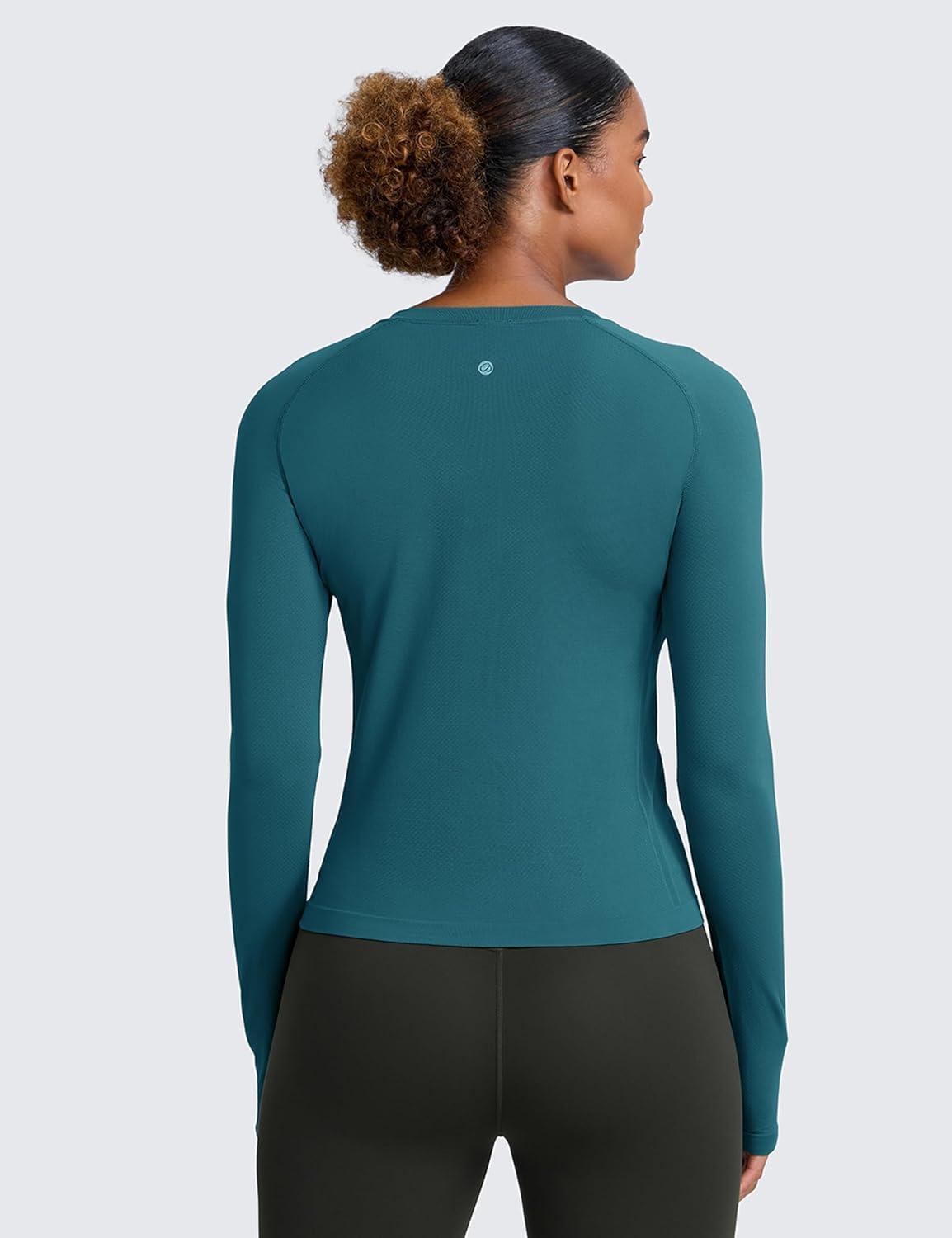 imageCRZ YOGA Seamless Long Sleeve Shirts for Women Waist Length Workout Athletic Running Gym Yoga Tops Crewneck BreathableGreen Jade
