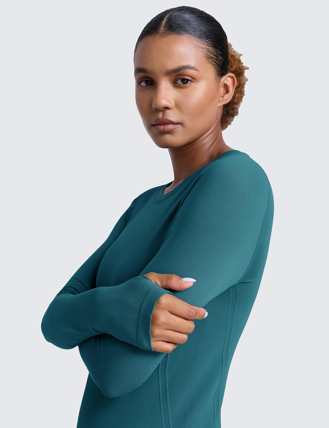 imageCRZ YOGA Seamless Long Sleeve Shirts for Women Waist Length Workout Athletic Running Gym Yoga Tops Crewneck BreathableGreen Jade