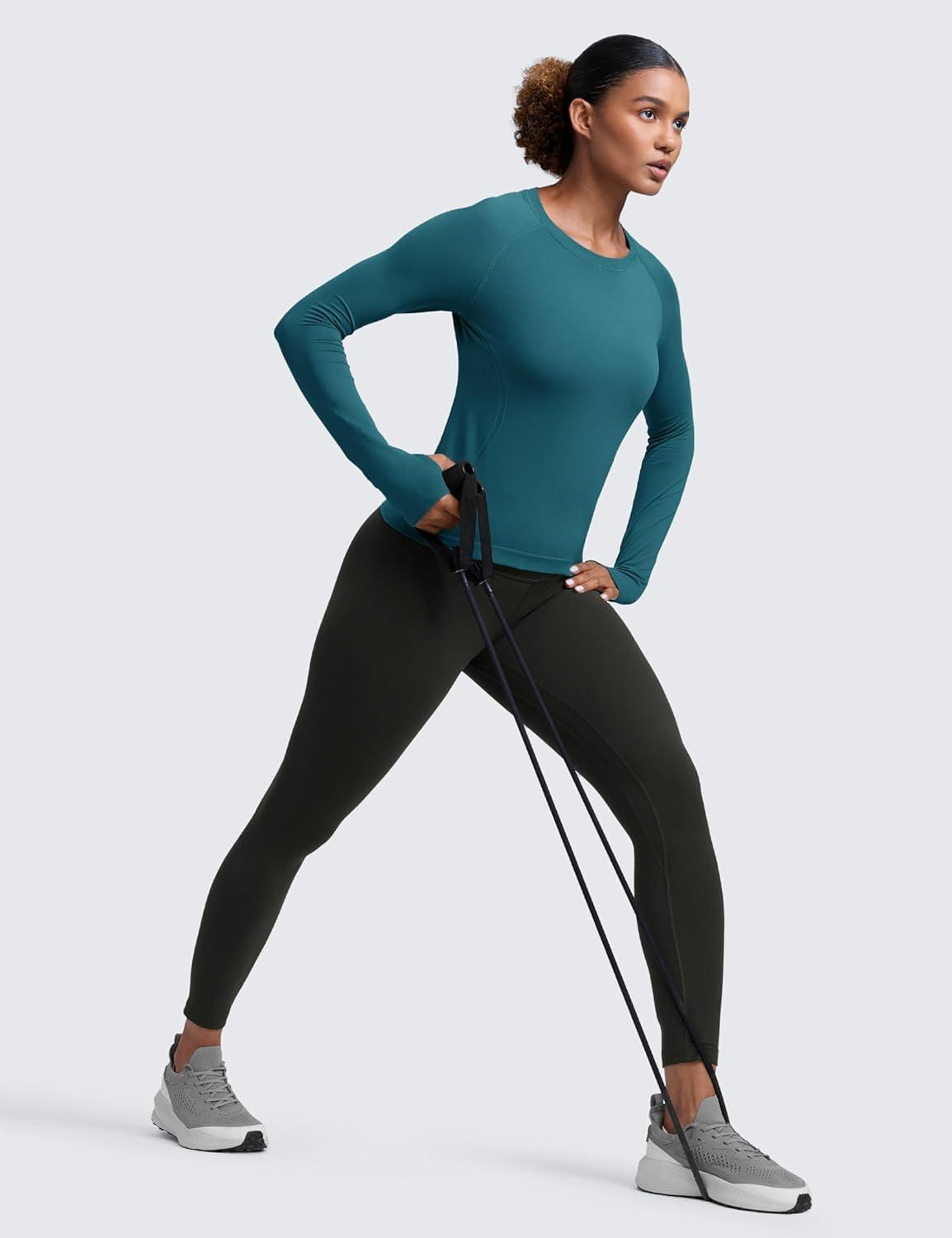 imageCRZ YOGA Seamless Long Sleeve Shirts for Women Waist Length Workout Athletic Running Gym Yoga Tops Crewneck BreathableGreen Jade