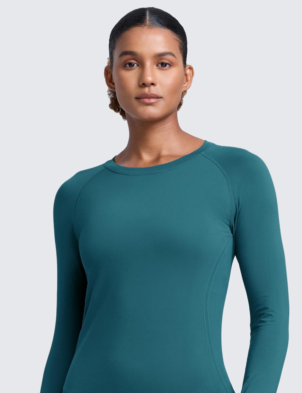 imageCRZ YOGA Seamless Long Sleeve Shirts for Women Waist Length Workout Athletic Running Gym Yoga Tops Crewneck BreathableGreen Jade