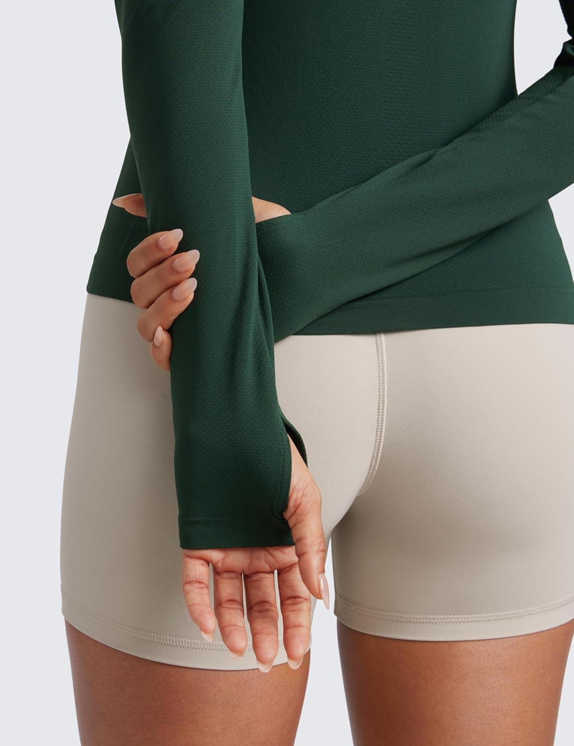 imageCRZ YOGA Seamless Long Sleeve Shirts for Women Waist Length Workout Athletic Running Gym Yoga Tops Crewneck BreathableLegend Green