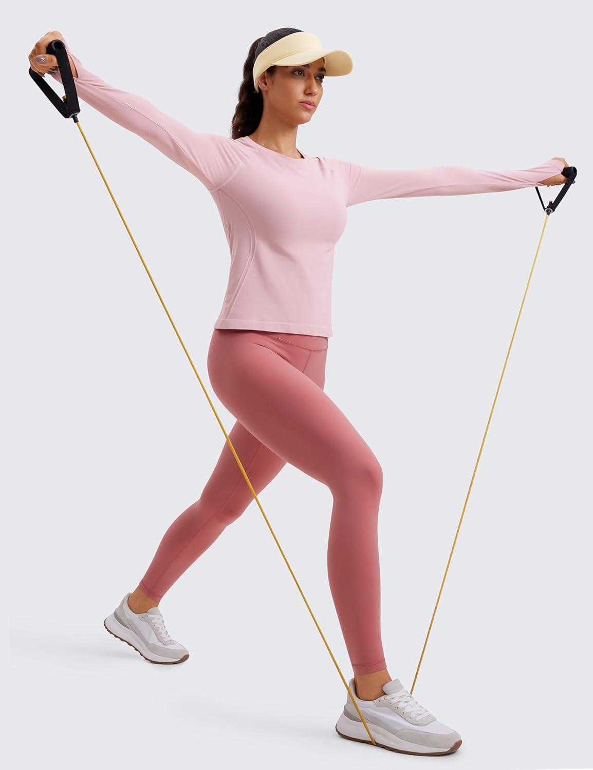 imageCRZ YOGA Seamless Long Sleeve Shirts for Women Waist Length Workout Athletic Running Gym Yoga Tops Crewneck BreathableRose Blush