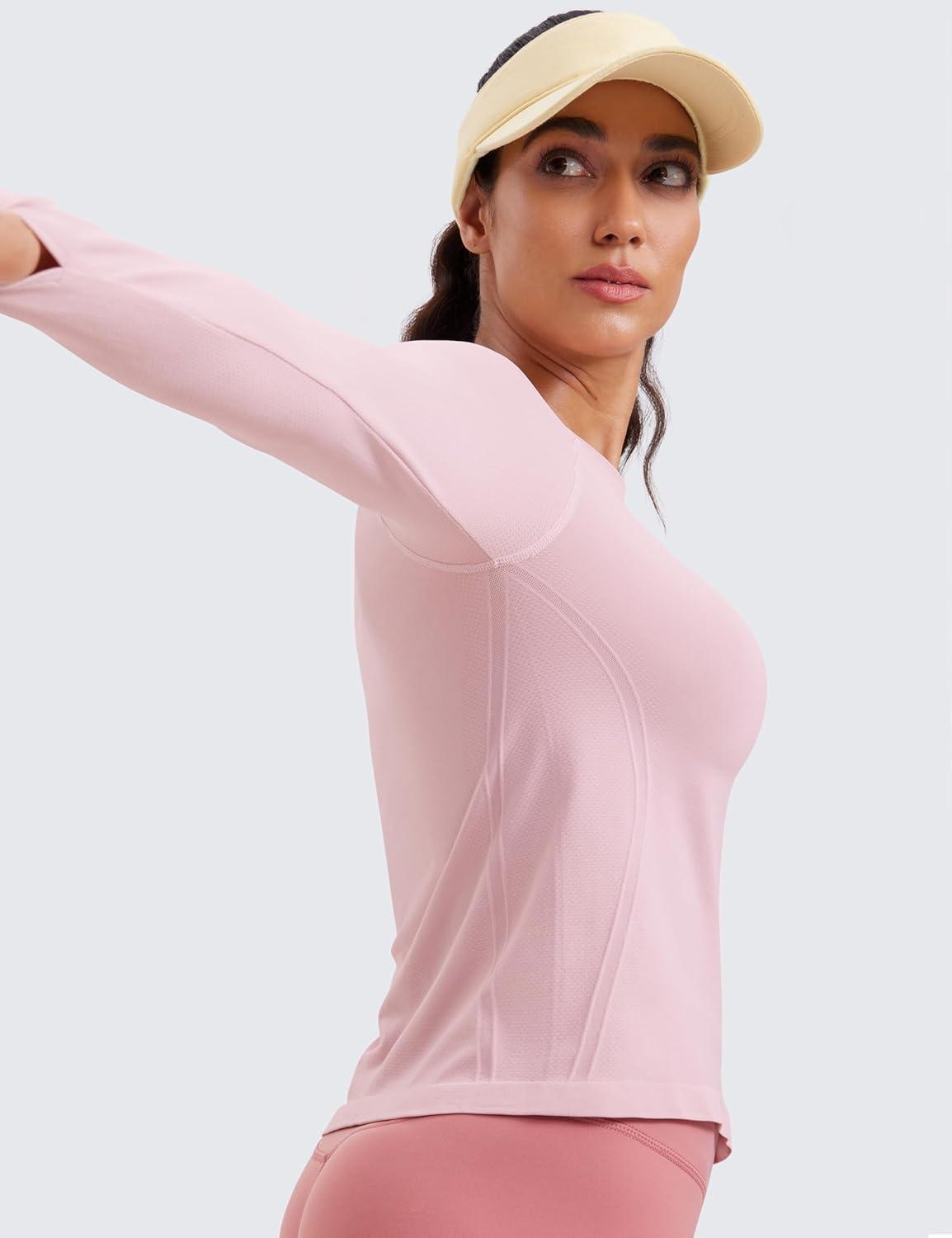 imageCRZ YOGA Seamless Long Sleeve Shirts for Women Waist Length Workout Athletic Running Gym Yoga Tops Crewneck BreathableRose Blush