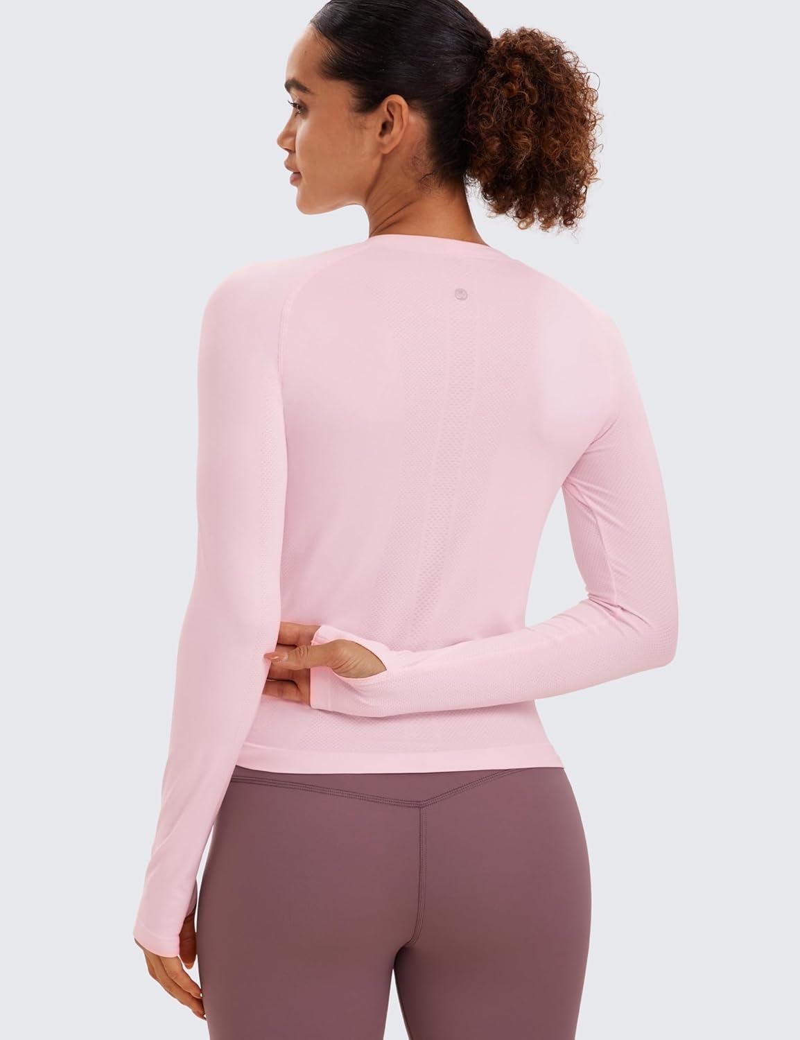 imageCRZ YOGA Seamless Long Sleeve Shirts for Women Waist Length Workout Athletic Running Gym Yoga Tops Crewneck BreathableStrawberry Pink